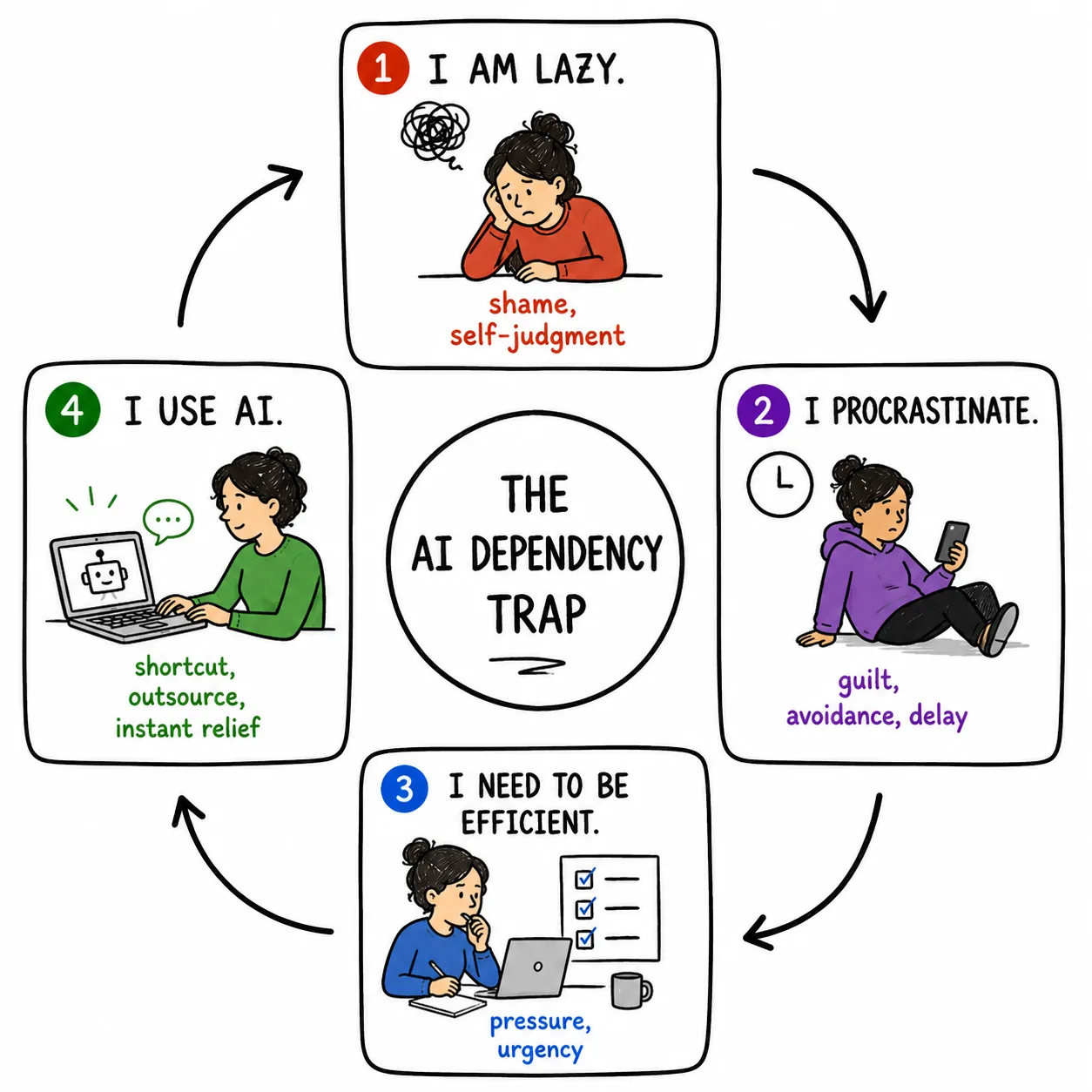 Figuur 4.1 SBE’s depiction of the negative cycle of generative AI, also known as the “AI dependency trap.”