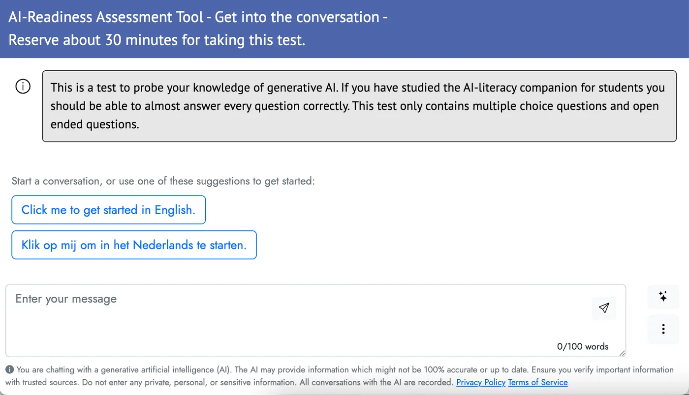 Figure 4.2 Screenshot of an AI Tutorbot on Cogniti, engaging students in learning trough presenting closed and open questions. The questions are included in the prompt itself so they will always be the same.