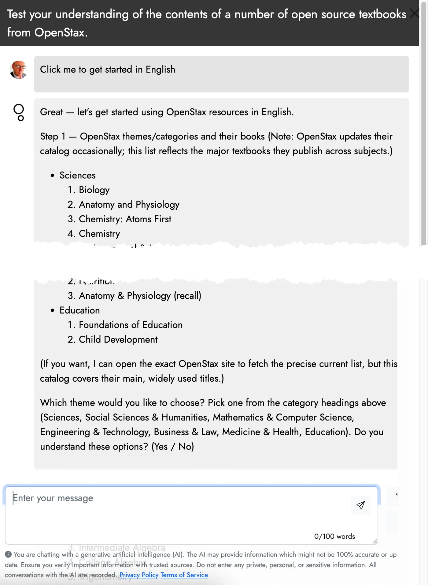 Figure 4.3 Screenshot of an AI Tutorbot on Cogniti, engaging students in learning trough presenting and discussing common misconceptions. The questions are generated on the fly.