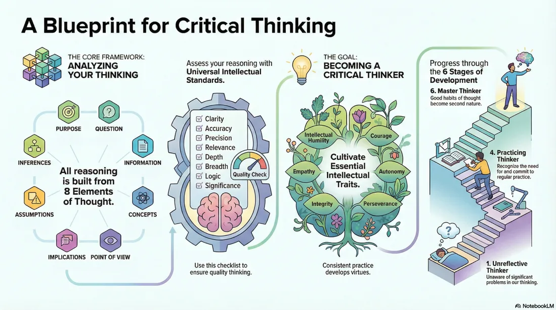 Figure 6.1 An AI generated image of A Blueprint for Critical Thinking. If you want to practice with this kind of framework for Critical Thinking, go to this Chatbot on VU Amsterdam’s Cogniti to converse about a topic that interests you or let the bot generate a topic for you.