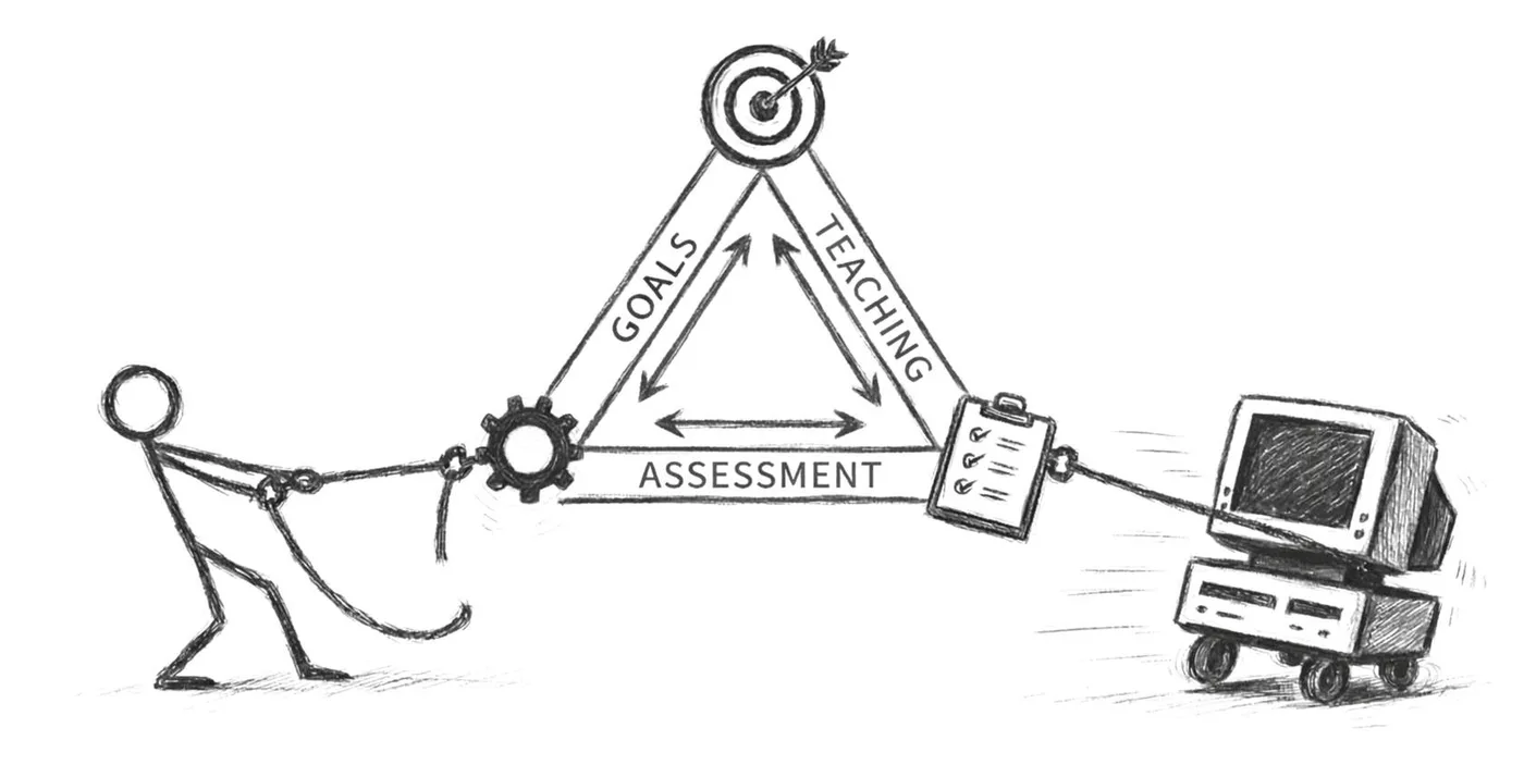 Figure 3.2 Picture of UvA TLC e-learning depicting the tension in the Constructive Alignment concept induced with the emergence of generative AI (TLC University of Amsterdam, 2025).