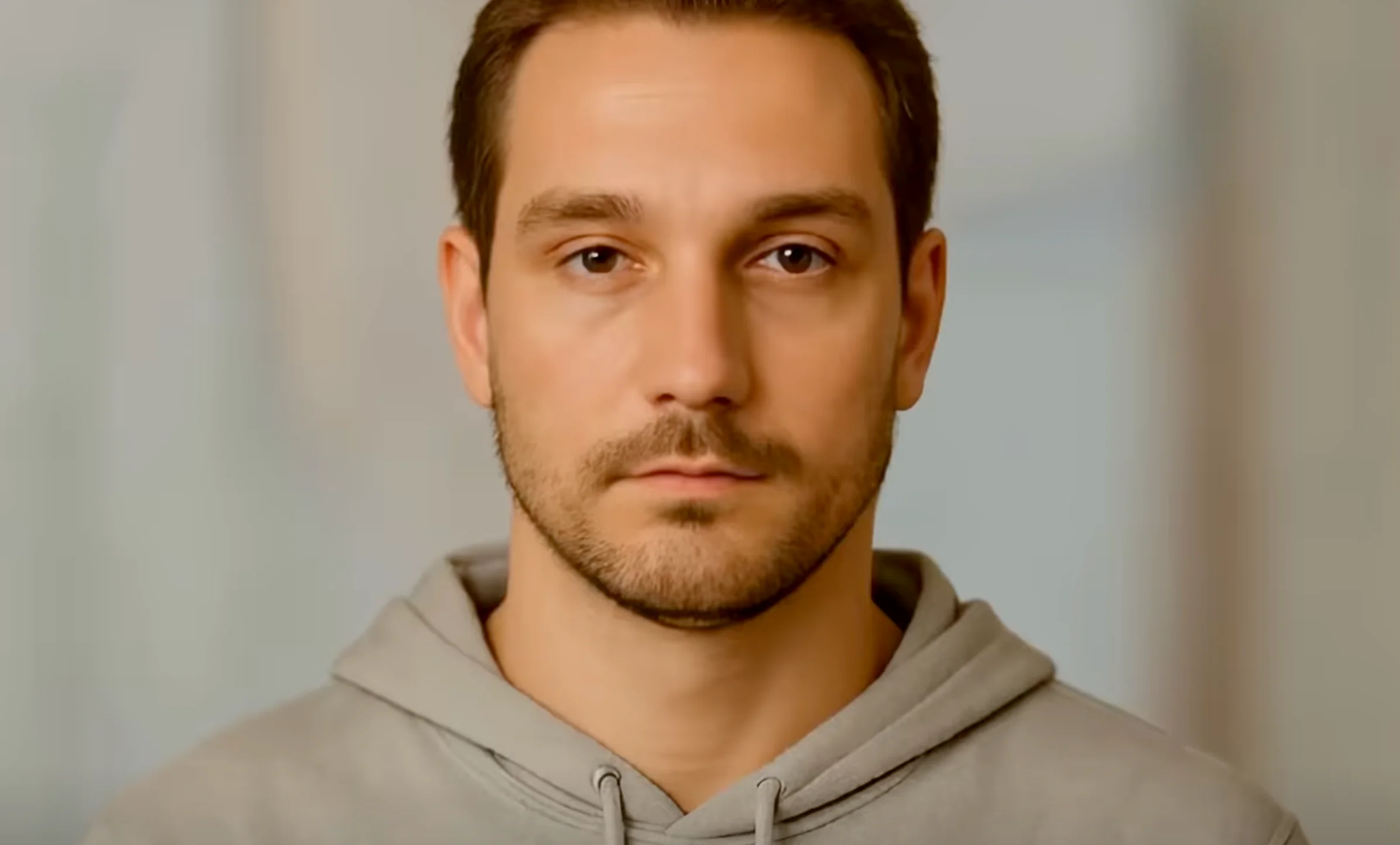 Portret van de avatar: een man van rond de dertig in een grijze hoodie, die recht in de camera kijkt.